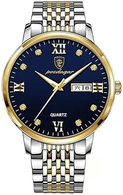 Luxury Mens Watches Luminous Waterproof Stainless Steel Simple Fashion Quartz Wristwatch Male Auto Date-Week Calendar Dress Business Watch Relojes De Hombre