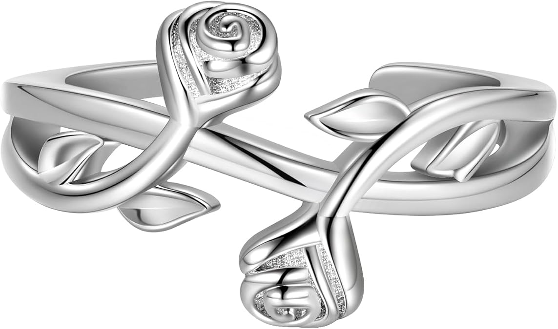 beautlace Rose Flower Adjustable Rings Flower Love Open Ring Silver/Black Gun Plated Elegant Wedding Engagement Jewelry Gifts for Women KR0112