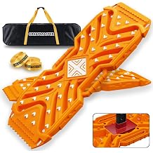 Traction Boards Recovery Boards (Pair) 42 14 PA66 Off-Road Tracks with 34 High-Strength Contrasting-Color Spikes, Flip-Shovel & Jack-Base Design, Tow Strap Sand, Mud, Snow 44 SUV ATV Truck