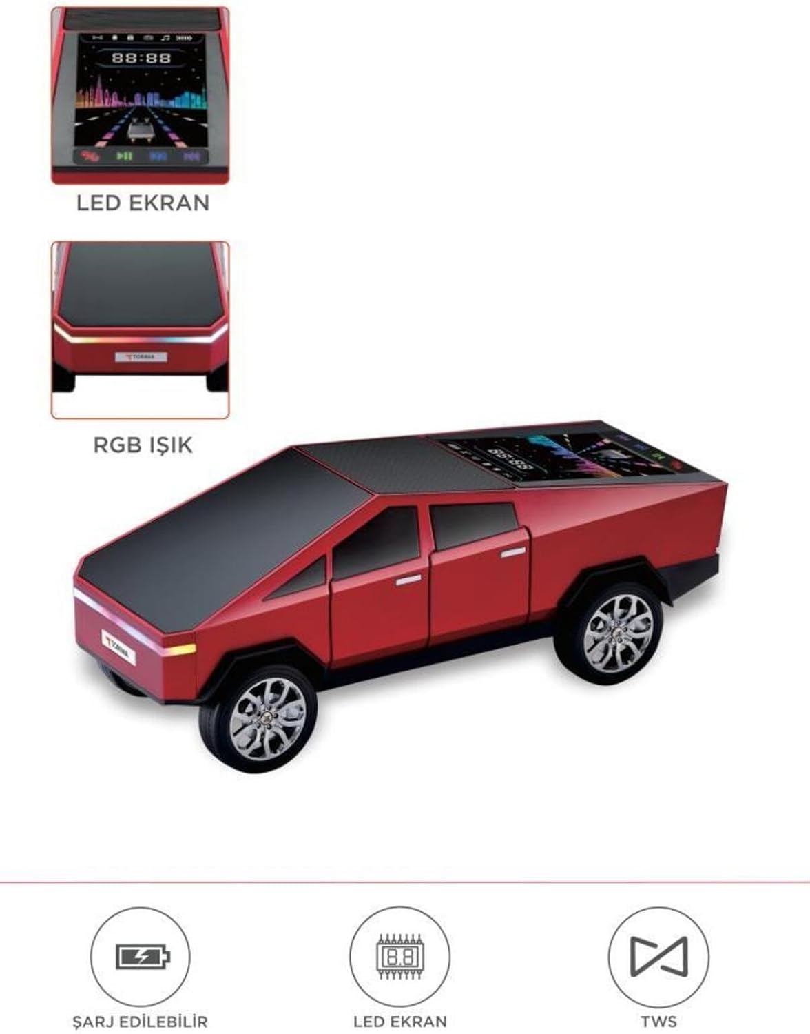 D68 CyberTruck Araba Tasarımlı Led Ekranli Radyolu Bluetooth Hoparlör 15W Güçlü Ses RGB LED/TWS/USB D68 Kırmızı