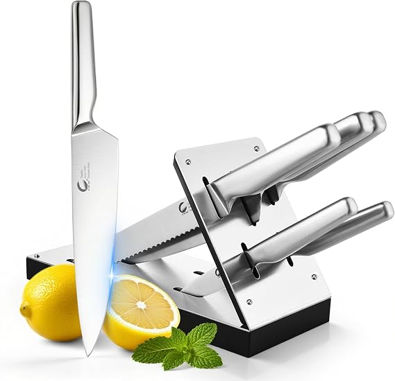 6-Piece Kitchen Knife Set with Ventilated Knife Block High Carbon Stainless Steel Culinary Knives, Dishwasher Safe, Professional Cooking Knife Set (Chef/Slicer/Bread/Utility/Paring)