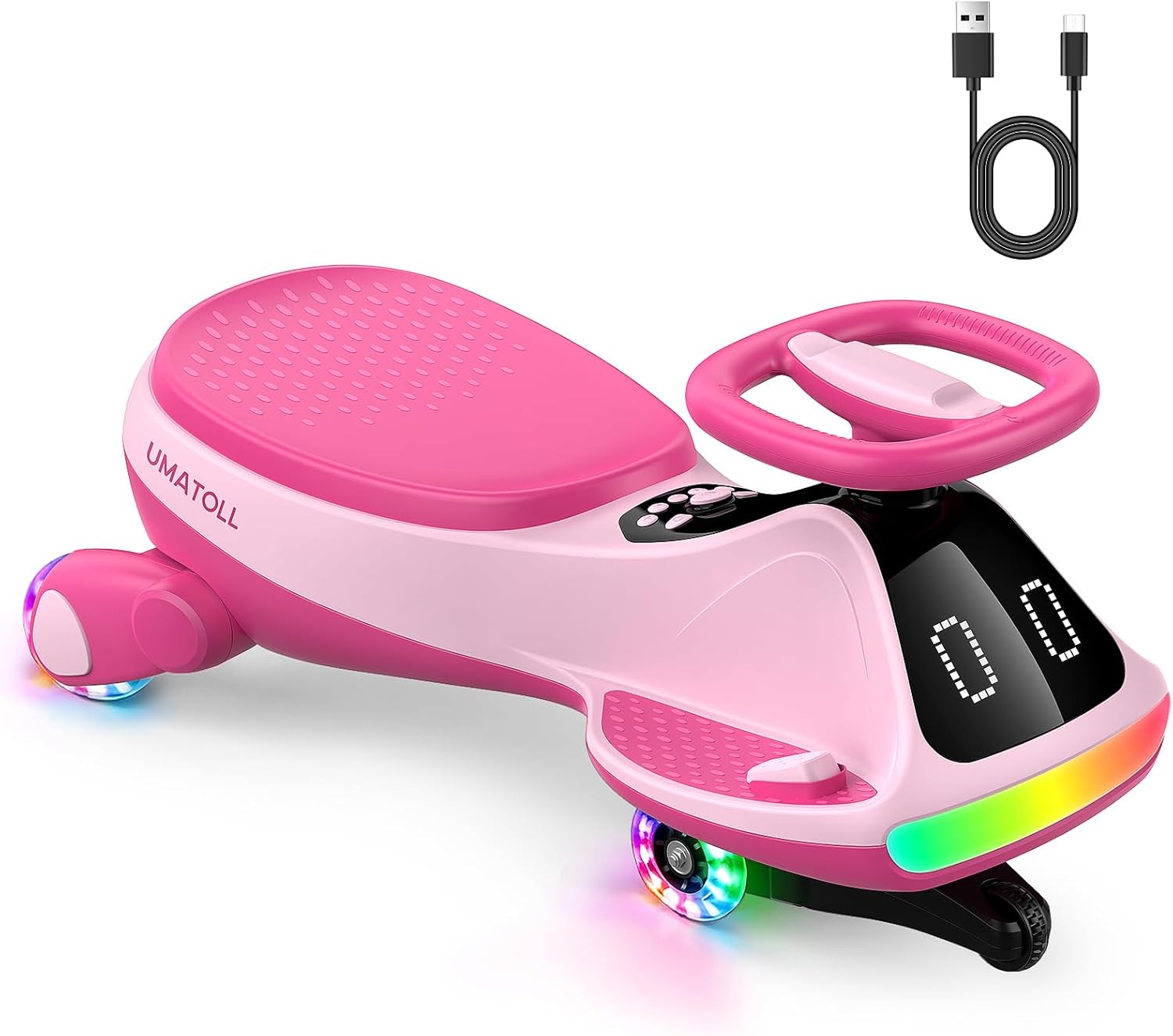 Umatoll 12V Electric Wiggle Car for Kids with Pedal, Display, Rechargeable Battery, LED Light, Bluetooth, Light-Up Wheels, Anti-Rollover, 2 Speeds, Ride on Toys, Birthday Gifts for Age 3+, 150Lbs
