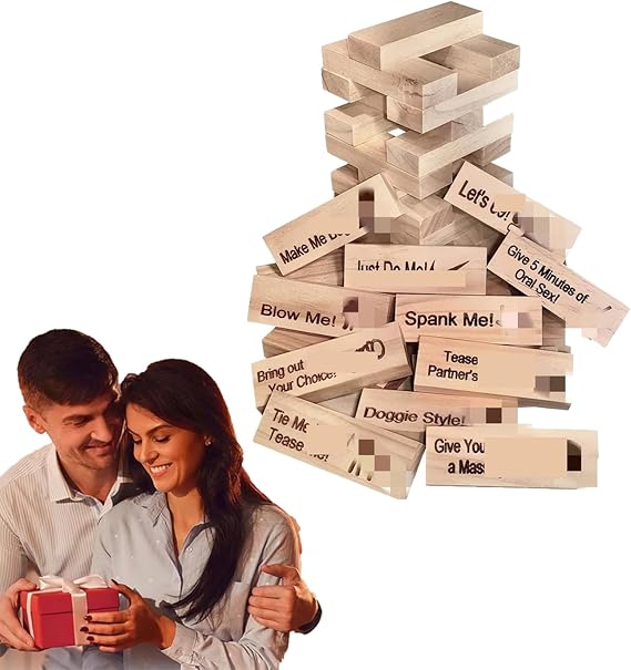 MOOYIYAN Wooden Couples Date Night Stacking Block Game, Natural Pine Wood, Adult Party Game with Romantic Activities