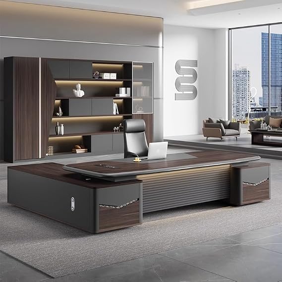 Modern Executive Desk 102IN Luxury L-Shape Writing Business Desk Wood Executive Desks, Modern Office Computer Desk with Drawers, Boss Table Home Office Desks for CEO Boss Manager for Business Office L
