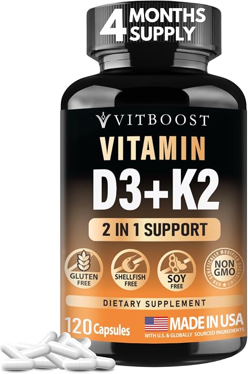 VITBOOST Vitamin D3 K2 Complex - 5000 IU (125 mcg) D3 & K2 (MK-7) 90 mcg | Easy to Swallow Vitamin D | Non-GMO | Gluten-Free | USA Made, 3rd Party Tested, 120 Capsules