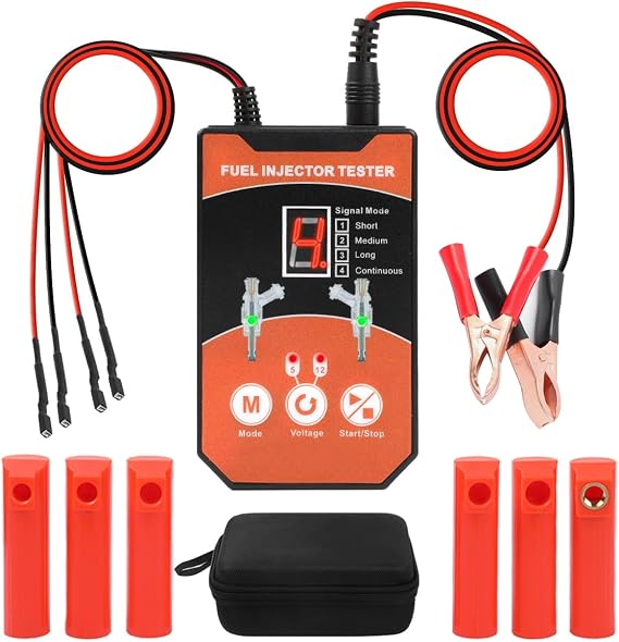 Fuel Injector Tester Cleaner Tool Kit 8 Pulse Modes Injector Tester 2 Fuel Injector Test Simultaneously DIY Cleaning Tools with 6 Injector Cleaner Adapters&50in Wire for 12V/5V Car Motorcycle Injector