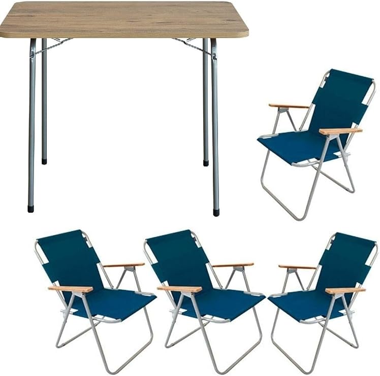 Bofigo 60X80 Pine Folding Table + 4 Pieces Folding Chair Camping Set Garden Balcony Set Blue