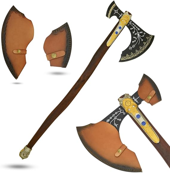 Medieval Warrior Fantasy Viking Battle Axe - 31" Dual-Bit Ornate Gold-Inlay Fantasy Tomahawk with Engraved Runic Blade, Dark Hardwood Handle, and Dual Leather Sheaths