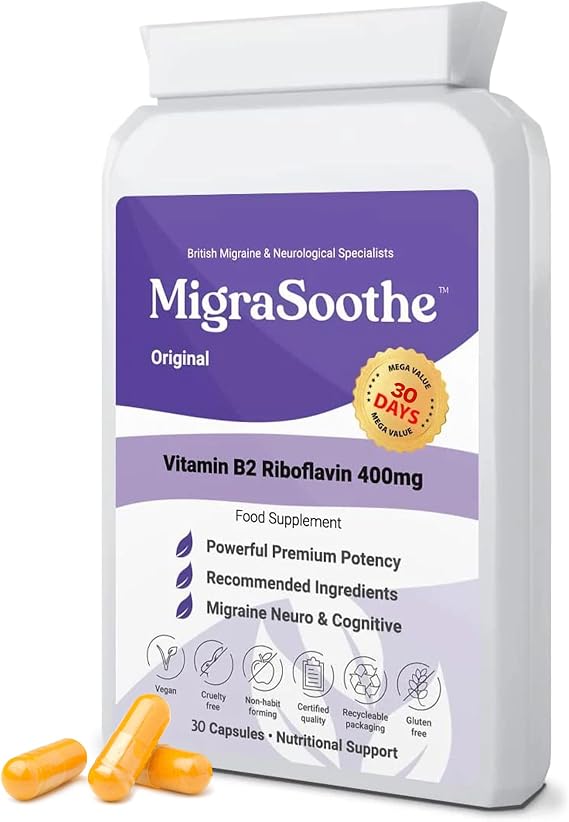 MigraSoothe Original Vitamin B2 Riboflavin 400mg Capsules for Adults - High Strength Daily Supplement for Migraine Wellness Routine and Energy Metabolism - Vegan, Made in UK, 30 Capsules