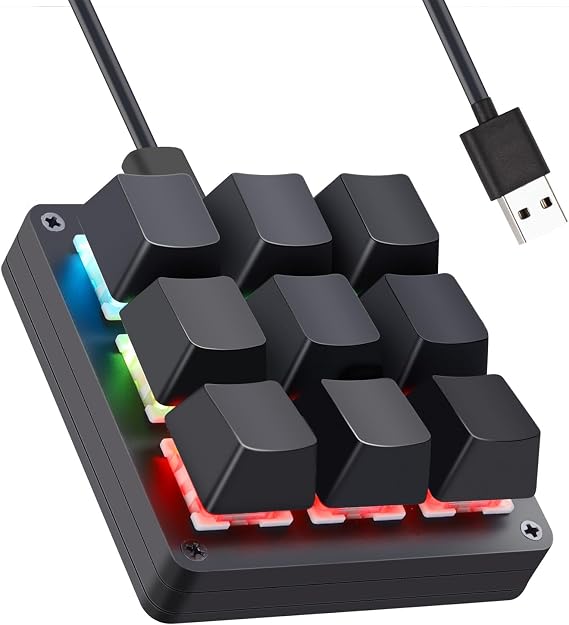 Koolertron 9-Key One-Handed Macro Mechanical Keyboard, Pink LED