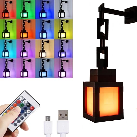 Pixelated Lantern Light for Kids, LED 16 Color Changing Hanging Lantern Lamp for Boys Girls Gamer Room, USB Rechargeable Wall/Tabletop Night Lights Home Bedroom Wall Decor, Birdtday Gifts