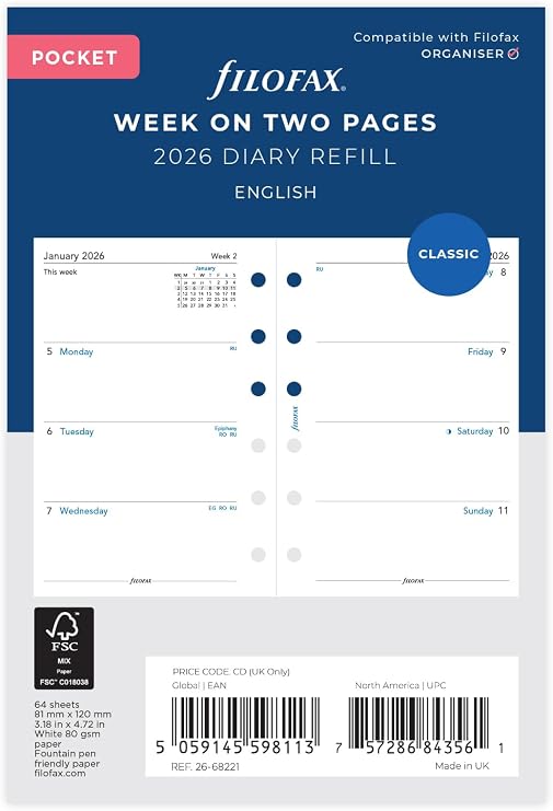 Filofax Pocket Week on two pages English 2026 diary 26-68221