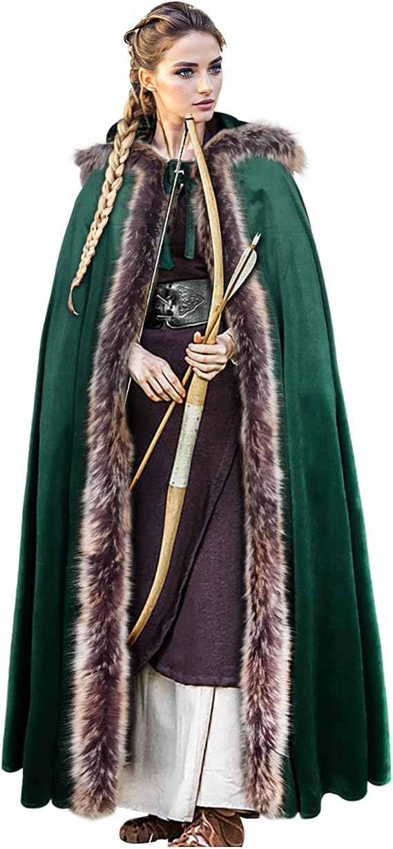 L'VOW Viking Fur Hooded Cloak Medieval Fur Trim Cape | For Women Men, Halloween Cosplay, LARP, Fantasy, Christmas, Ren Faire Costume