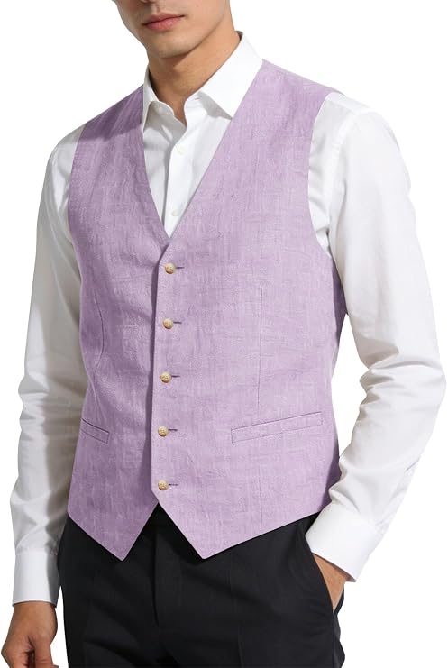 Mens Linen Vest Vintage Casual Summer Lightweight Linen Blend Formal V-neck Groomsmen Waistcoat Wedding Party Tuxedo