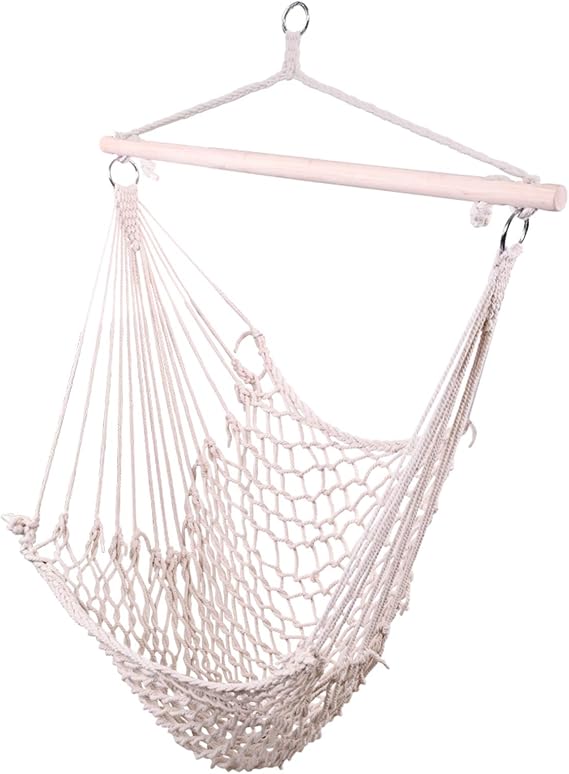 Hammock Chair Hanging Rope Swing, Caribbean Hanging Rope Weaving Chair with Hardwood Spreader Bar and Soft-Spun Cotton Rope for Indoor/Outdoor Backyard & Living Room, Max 300 LBS, Beige