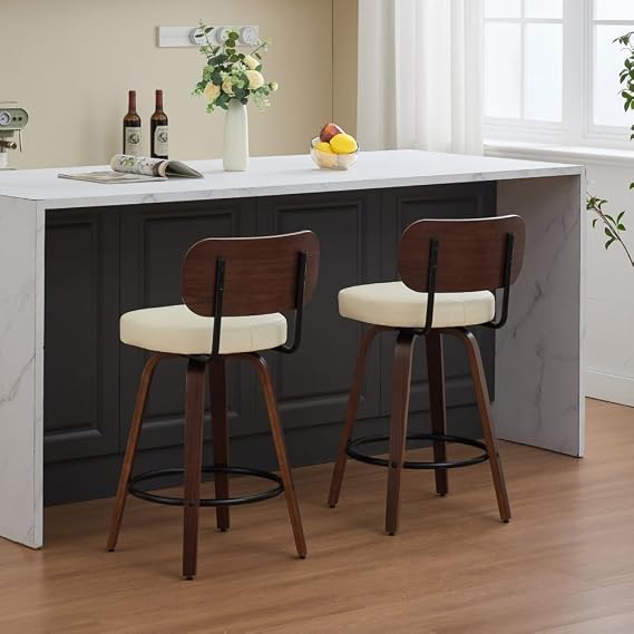 Swivel Bar Stools Set of 2, 26" Upholstered Faux Leather Counter Height Barstools with Walnut Back & Bentwood Legs, Mid Century Modern Bar Chairs Island Stools for Kitchen Counter (Beige*2)