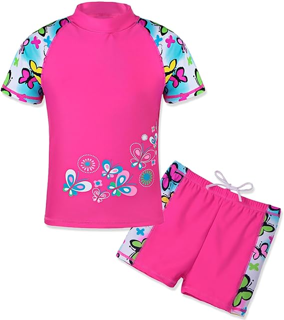 TFJH E Girls Short Sleeve Swimsuit Two Piece Swimwear UPF 50+ UV 3-12 Years