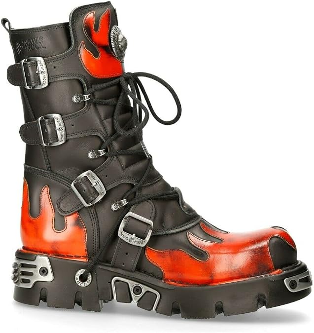 New Rock Newrock 591-S1 Red Flame Metal Black Leather Heavy Punk Gothic Boots 12