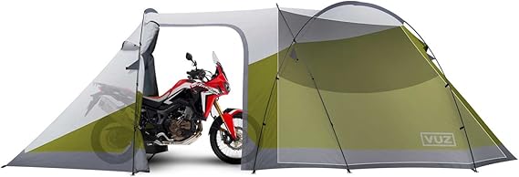 Moto VUZ-MT Waterproof 12-Foot 3-Person Camping Tent with Integrated Motorcycle Port, 4 Points of Entrance, Green and White