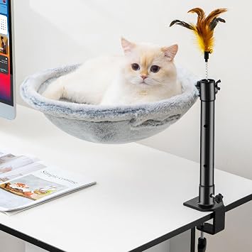 Uross Cat Desk Bed - Adjustable Height & 360 Rotation Cat Desk Perch Mount for Office and Game Tables, Attachment Desktop Bed with 2 Washable Covers, Soft Rabbit Fur& Breathable Mesh -Grey