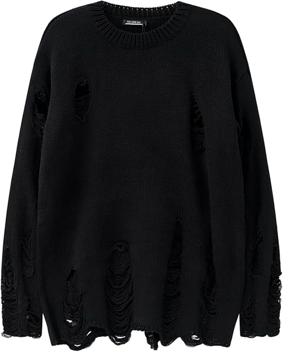 Black Red Striped Sweaters Men Oversized Ripped Hole Knit Pullover Autumn Winter Fashion Long Sleeve Clothing