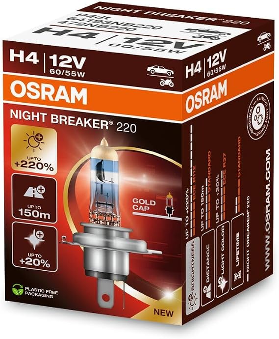 OSRAM H4 NIGHT BREAKER 220% Daha Güçlü Işık (1Adet), 12V, 60/55W karton kutu [Enerji Sınıfı A]
