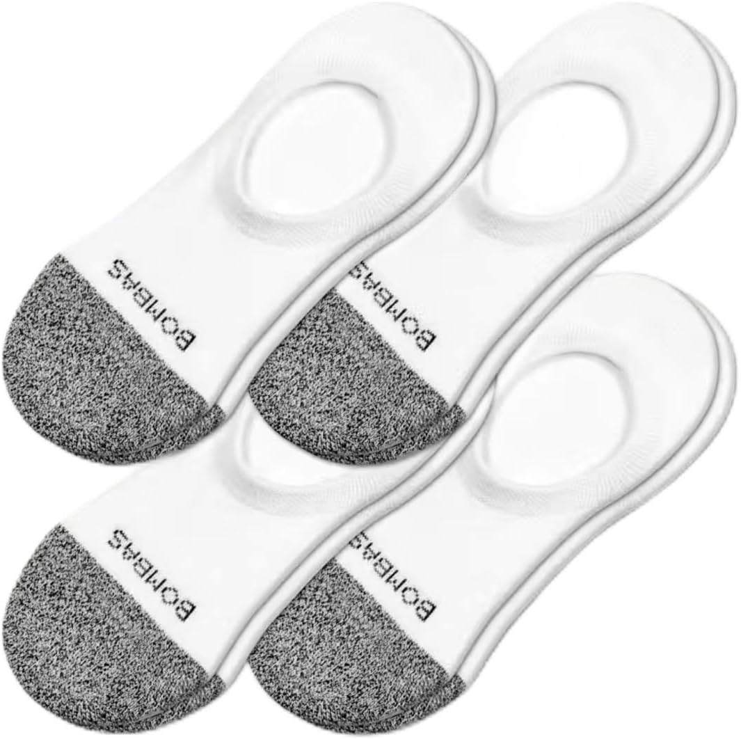 BOMBAS Mens Cushioned No Show Socks,White,Large-4 PACK