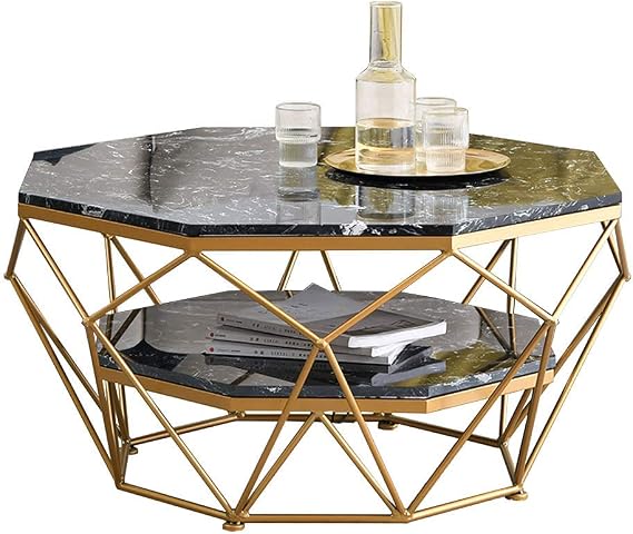 2-Tier Coffee Table Octagon Living Room Marble Side Table Fashion Stainless Steel Metal Base, Black