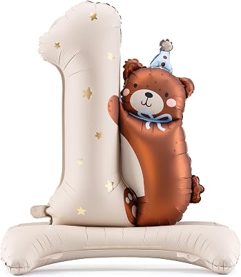 Balloon 1st Birthday with Teddy Bear PartyDeco 32x28 Inch Number One Foil Balloon for First Baby Birthday Supplies, 1 Year Old Baby, 1st Party Decor Number 1 Pastel Colours