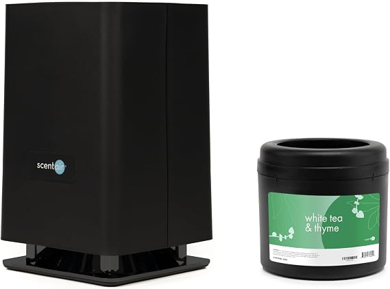ScentAir Whisper Essential & Monthly Plug-in Cartridge, White Tea & Thyme | Black Diffuser Machine, Scents up to 800 Sq. Ft Room, Compatible with Alexa & Google, WiFi & Bluetooth Enabled