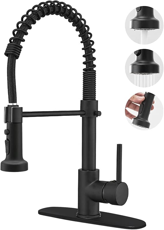 BESy Kitchen Faucet with Three-Function Sprayer Head, Matte Black Finish, Single-Handle, 10-Inch Deck Plate, Brass Material, Easy Installation
