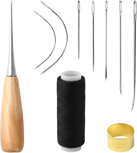 Leather Sewing Kit Leather Hand Stitching Tools Upholstery Hand Stitching Kit with Waxed Thread Needles Perforation Awl Thimble for Leather Repair DIY and Sewing