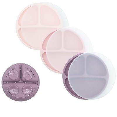 WeeSprout Suction Plates with Lids for Babies & Toddlers, 100% Silicone Dinnerware Stays Put, Divided Design for Picky Eaters, Microwave & Dishwasher Friendly, 3 Pack Matte Pink, Purple, Blush Pink