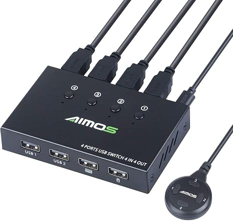 USB Switch for 4 Computers, 4-Port USB Switch Selector Sharing 4 USB Devices, Keyboard Mouse Switch, USB Switcher Compatible with Mac/Windows/Linux, Includes Wired Remote and 4 USB Cables