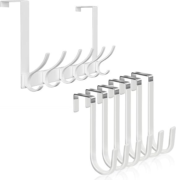 Peasulin 6 Pack White Over The Door Hooks Bundle with Large White Door Hangers with 12 Hooks, Heavy Duty Easy to Install, for Bathroom, Bedroom,Kitchen,Hanging Towels, Coats