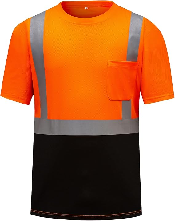 High Visibility Shirts Quick Dry Safety T Shirts with Reflective Strips and Pocket Short Sleeve Mesh Hi Vis Construction Work Class 2 Shirt for Men/Women Black Bottom Orange,XL