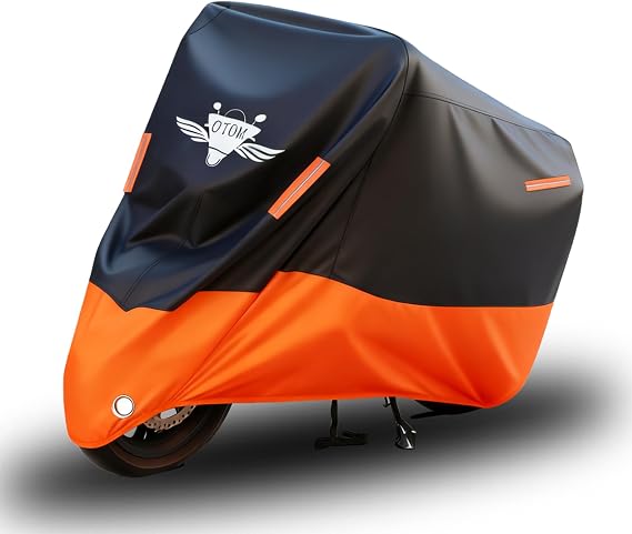 Motorcycle Cover, 300D Heavy Duty All Season Universal Windproof Dustproof Rain Sun Protection with 4 Night Reflectors Lock-Hole Carrying Bag Up to 104" (XXL)
