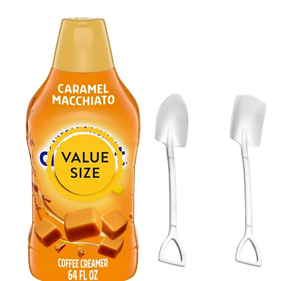 Caramel Macchiato Coffee Creamer, 64 fl oz Liquid Non-Dairy Creamer for Coffee, Tea & Cold Brews with Candy Freezer Mini Metal Shovel Spoons (Caramel Macchiato) Shovel Spoons