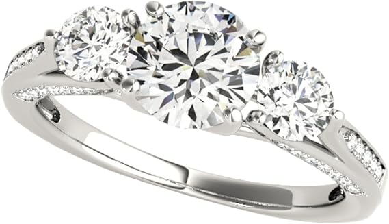Three Stone Lab Grown Diamond Engagement Ring | Round Brilliant Centre Stone with Side Accents | Solid Platinum, 9K/18K Gold, Silver | 0.50ct-5.00ct D/VVS Diamond | Trilogy Design