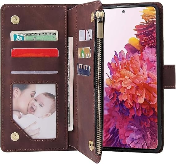 Deluxe Folio Flip Leather Flap Zipper Pocket Wrist Strap Holder Brown