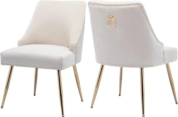 KCC Velvet Dining Room Chairs Set of 2 Nailhead Back with Gold Legs,Beige