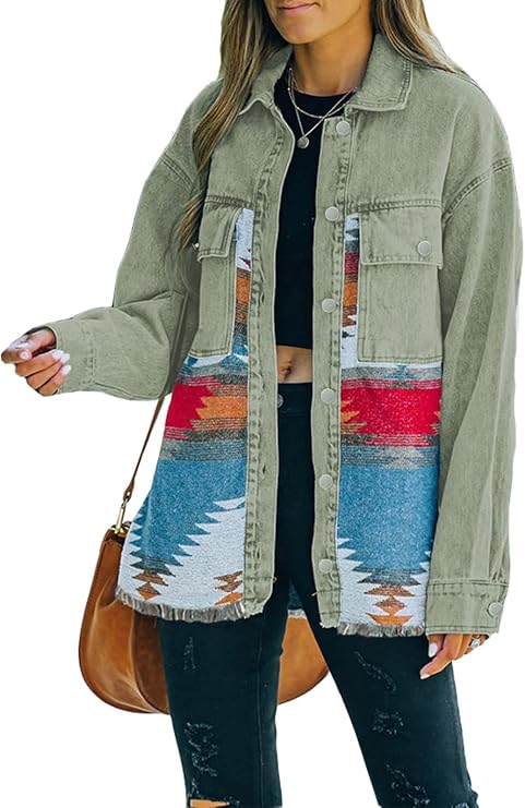 Haellun Women's Aztec Shacket Distressed Lapel Long Sleeve Button Down Jean Denim Jacket Coat