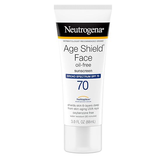 Neutrogena Age Shield Face Oil-Free Sunscreen Lotion with Broad Spectrum SPF 70, Non-Comedogenic Moisturizing Sunscreen to Help Prevent Signs of Aging, PABA-Free, 3 fl. oz. | Non-Comedogenic Moisturizing Sunscreen to Help Prevent Signs of Aging, PABA-Free