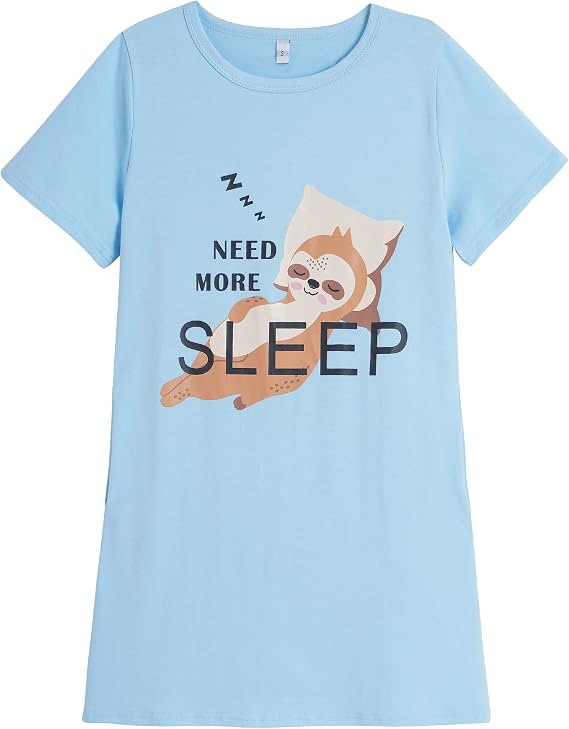 Hupohoi Big Girls' Summer Cartoon Pajama Cute Nightgown Cotton Sleep Dress | Cute Patterns Nightgown, Cotton Blend Soft and Cozy, Teens 6-18Y Knee Length Sleepshirt, Gifts, Pajamas, Party, Outfit, Play