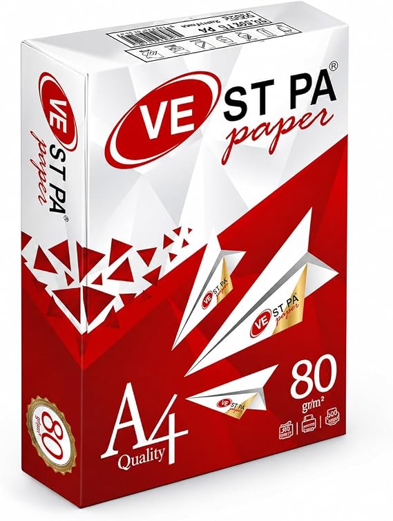 Vestpa A4 Fotokopi Kağıdı, 80 gr/m², 500 Yaprak, Lazer ve Inkjet Yazıcı Uyumlu, Yüksek Beyazlık ve Net Baskı Kalitesi, Çift Taraflı Baskıya Uygun, Ofis ve Ev Kullanımı İçin