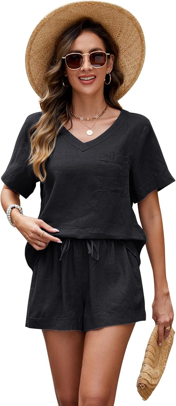 Women's 100% Linen 2 Piece Outfits Summer Lounge Sets