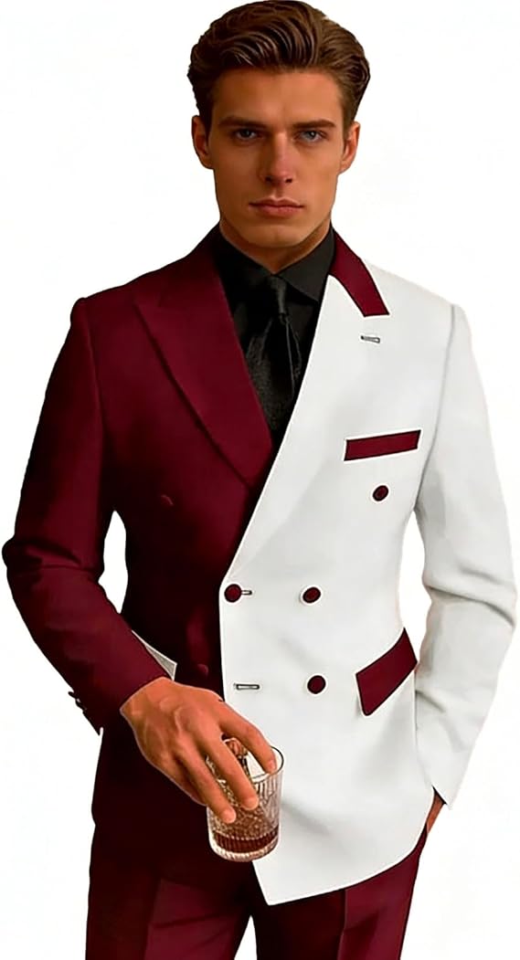 Men's Match Color Blazer & Pants Double Breasted Suit Set Wedding Homecoming 2 Piece Peak Lapel Formal Groom Tuxedo Outfit Burgundy