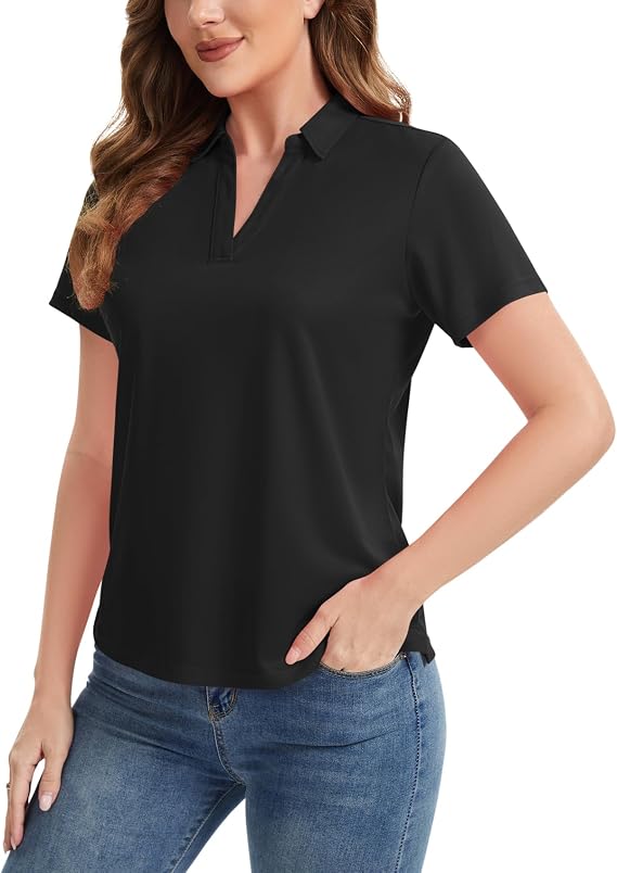 Women's V-Neck Quick Dry Polo, Short Sleeve Golf Tennis Office Casual Top
