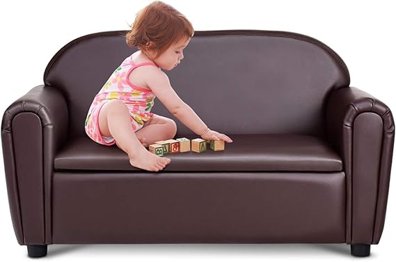 Costzon Kids Couch, 2 in 1 Double Seat Childrens Sofa wUnder Seat Storage, PU Leather Surface, Toddler Armrest Chair, Kids Room, Soft Sofa with Storage for Preschool Baby Boys Girls Gifts