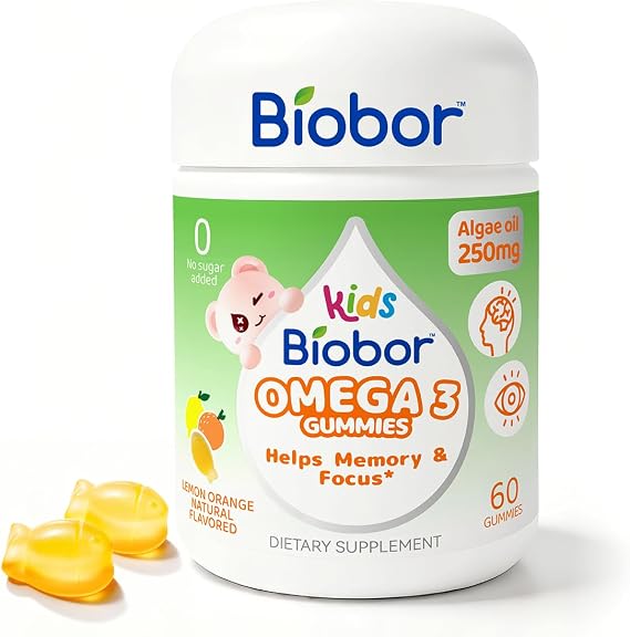 Biobor Kids DHA Algal Oil Gummies, 100mg DHA Omega-3, 60 Count | Plant-based DHA gummies with algae oil DHA. No sugar added, gluten free, non-GMO, lemon orange flavor.